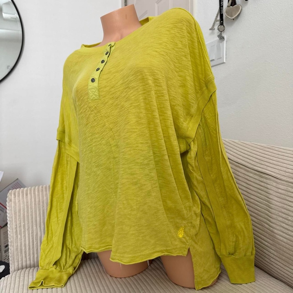 Free People One Up Long Sleeve Boho Top Button Up Oversized Slouchy Lime